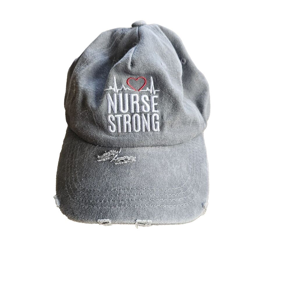 Nurse Strong Distressed Ball Cap Adjustable Gray With White Embroidered Letter
